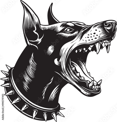 Roaring Doberman Dog Head Aggressive Guard Dog Mascot Black and White Vector Illustration