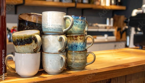 Stacked Handmade Coffee Mugs on Wooden Counter in Cozy Café Setting