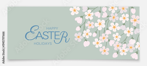 Easter banner in soft colors with the image of flowering branches. Easter banner with floral design. Easter design template.