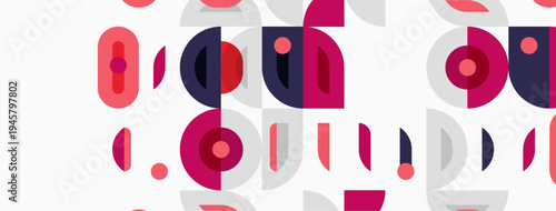 Abstract geometric pattern. Circles, rectangles overlap creating vibrant visual texture. Pink, purple, beige dominate design.