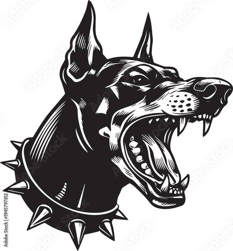 Roaring Doberman Dog Head Aggressive Guard Dog Mascot Black and White Vector Illustration