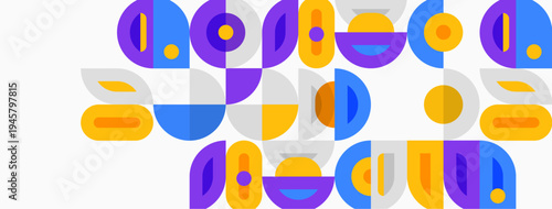 Abstract geometric shapes, vibrant colors, playful design. Composition features rounded forms, overlapping elements, modern aesthetic.