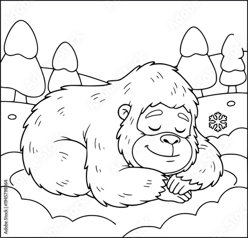 Bigfoot coloring page with a friendly mythical monster waving in the snow
