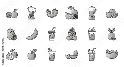 Healthy Food and Beverage Icons: Fruits, Smoothies, and Juicers in Black and White