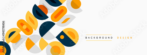 Abstract geometric shapes overlap, creating dynamic visual pattern. Orange, gray, blue hues dominate composition. Minimalist design.