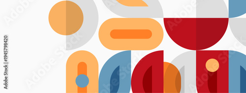 Abstract geometric shapes overlap, creating colorful composition. Minimalist design uses warm, cool tones. Simple forms suggest playful energy.