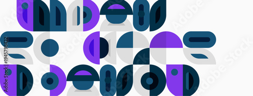 Abstract shapes, purple, gray, teal. Geometric patterns create playful composition. Minimalist design, modern aesthetic.