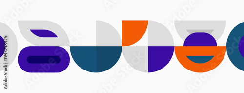 Abstract geometric shapes form colorful pattern. Circles, semicircles, overlapping elements create modern design. Bright hues dominate composition.