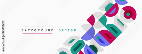 Abstract geometric shapes overlap white space. Colorful circles, squares, rectangles create dynamic visual pattern. Minimalist design elements present.