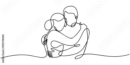 Continuous one line drawing of romantic couple hugging minimalist love outline vector illustration, Minimalist one line drawing of a young couple holding a wrapped gift box together. Vector