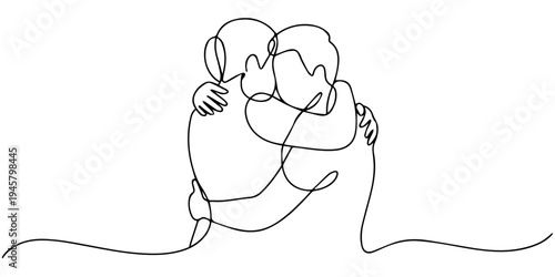 Continuous one line drawing of romantic couple hugging minimalist love outline vector illustration, Minimalist one line drawing of a young couple holding a wrapped gift box together. Vector