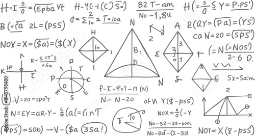 Hand drawn mathematical equations and geometric diagrams on a white background with various symbols and notations