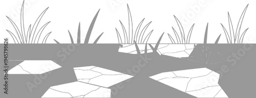 Stylized of grass blades emerging from cracked earth and stones green soil