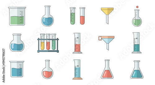 Illustrated chemical glassware and laboratory equipment icons for educational purposes or research