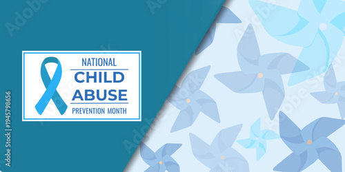 Child Abuse Prevention Awareness Poster design with blue ribbon and pinwheel background layout. Social campaign concept for protection, safety and community support initiatives