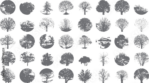 Collection of diverse grey tree silhouettes within circular frames and isolated shapes circle
