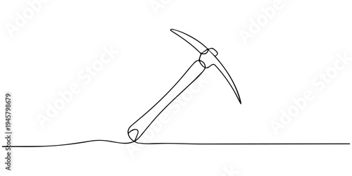Pickaxe tool continuous one line drawing, Continuous line drawing art Pickaxe tool Mining Pickaxe concept, Continuous editable line drawing of pickaxe. One line drawing of pickaxe icon. Pickaxe icon