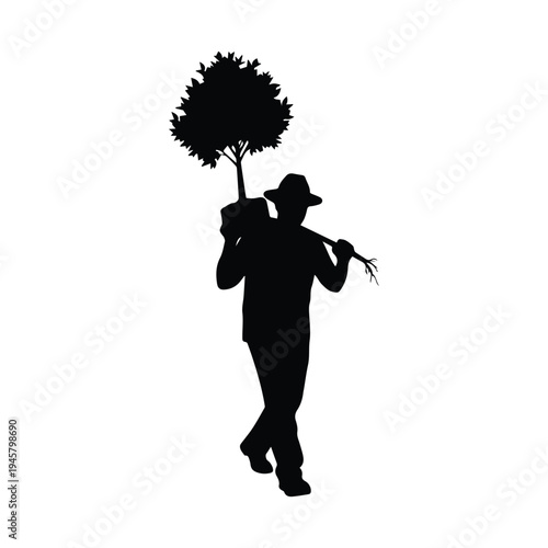 Man carrying tree silhouette, reforestation and planting concept for gardener worker, earth day