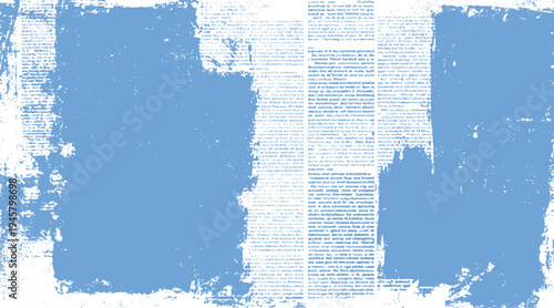Faded blue paint splatters on vintage newspaper text background with distressed edges