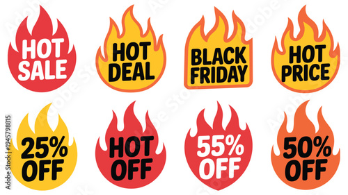 Hot sale price promotion labels set, vector illustrations featuring bold tags, discount badges, and promotional price markers for retail, e-commerce, marketing campaigns, and product packaging design.