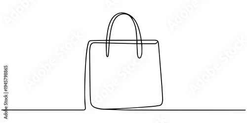 shopping bag continuous one line drawing, Continuous one line drawing of a shopping bag in minimalist linear style,  Paper bag black linear sketch isolated on transparent background, Continuous one