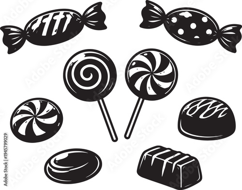 Black and white silhouettes of assorted candies and lollipops also transparent background candy sweets