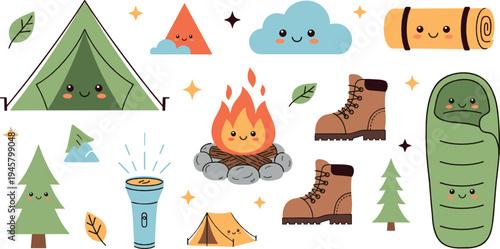 Cute camping adventure elements with tent campfire hiking boots sleeping bag and nature icons outdoor vector illustration set