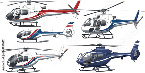 Helicopter Aircraft Collection Featuring Rescue, Police, and Transport Choppers for Aviation, Emergency Service, and Air Transportation Illustration