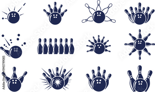 Bowling ball pins strike impact burst motion illustration, sports graphic artwork design, entertainment concept, competitive game theme, modern dynamic visual style