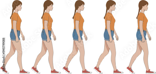 Vector walking animation sequence of a young woman in casual t-shirt and denim shorts isolated on white background for motion graphic design.