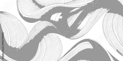 Abstract grey brush strokes forming flowing organic waves on white background