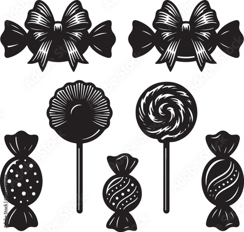 Black and white silhouettes of wrapped candies and lollipops also transparent background candy