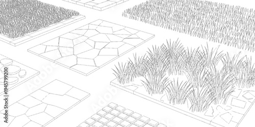 Isometric view of various garden path textures and grass types in a grey line style stone