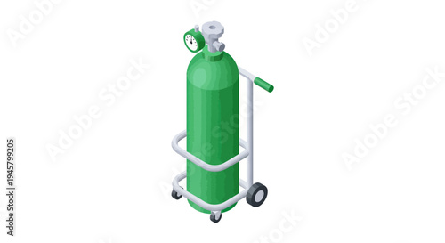 Green Oxygen Tank on a Wheeled Cart.