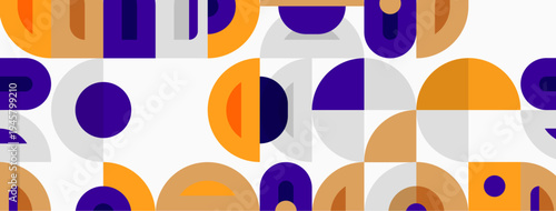 Abstract geometric pattern. Circles, squares, rectangles overlap creating playful design. Orange, purple, gray dominate neutral background.