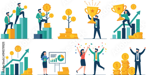 Business success and financial growth concept set with people climbing charts winning trophy earning money and celebrating achievement vector illustration