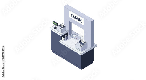 Isometric Cashier Counter with CASNIC Sign and Payment Terminal.
