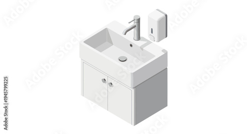 Isometric Bathroom Sink with Cabinet and Soap Dispenser Illustration.