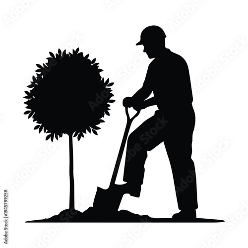 Man planting a tree with a shovel, silhouette on white background, black and white