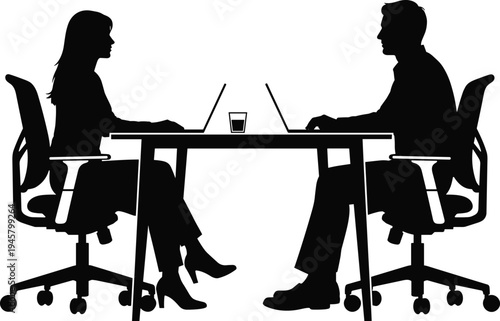 Business meeting silhouette, man and woman using laptops at office desk, workplace discussion concept, professional teamwork, corporate communication