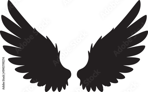 Black angel wings silhouette with detailed feather texture also transparent background black wings bird wings