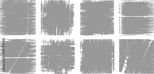 Eight distressed grey textured rectangular frames with rough edges and horizontal and vertical lines