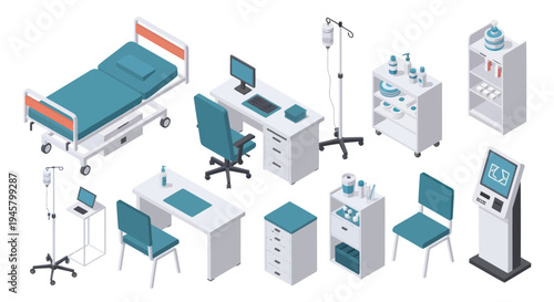 Isometric Hospital Room Furniture and Medical Equipment Set.