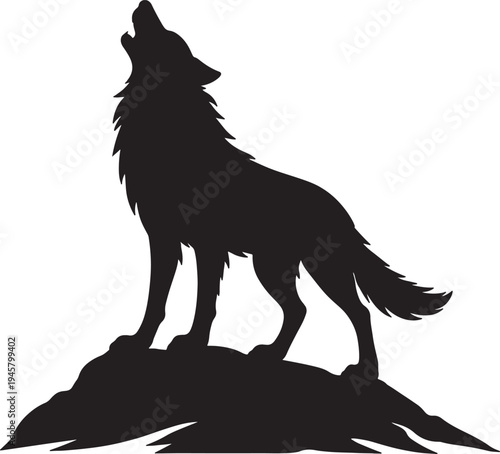 Black silhouette of a howling wolf standing on a rocky hilltop against a white background also transparent background