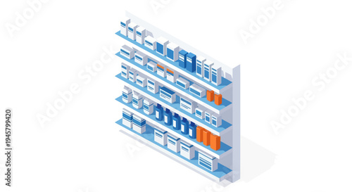 Isometric Supermarket Shelf with Various Products and Goods.