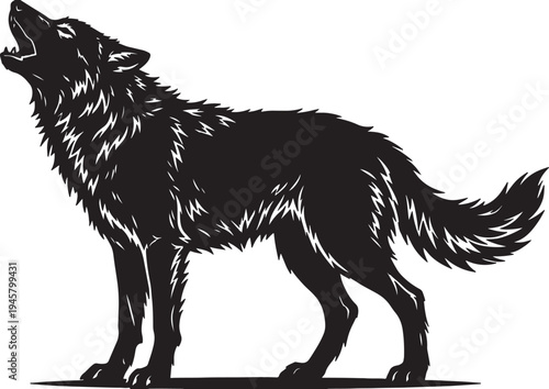 Black silhouette of a howling wolf standing on all fours also transparent background