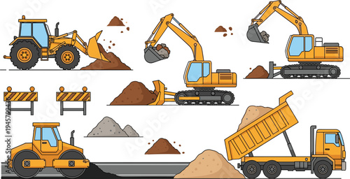 Construction Machinery Working Scene Vector Set with Excavator Loader Bulldozer Dump Truck Roller and Road Barrier Industrial Equipment Illustration