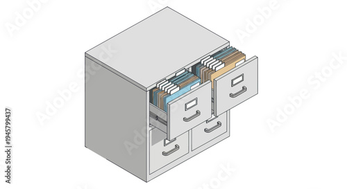 Isometric view of a four-drawer filing cabinet with two drawers open.