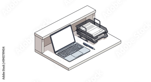 Isometric view of a modern office desk setup with laptop and printer.