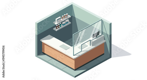 Isometric view of a modern reception desk with a protective screen and office equipment.